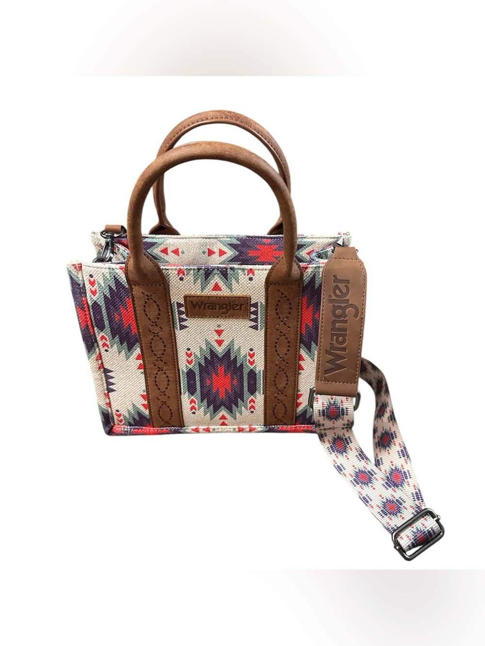 Wrangler Aztec Southwestern Crossbody Tote Bag Canvas Faux Leather Western Purse